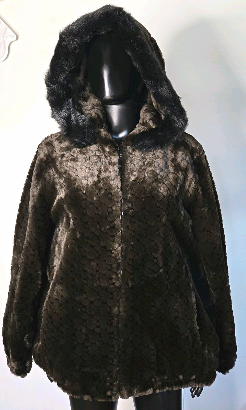 Dressbarn Women's Luxury Textured Hooded Brown Plush Faux Fur Zip Jacket M